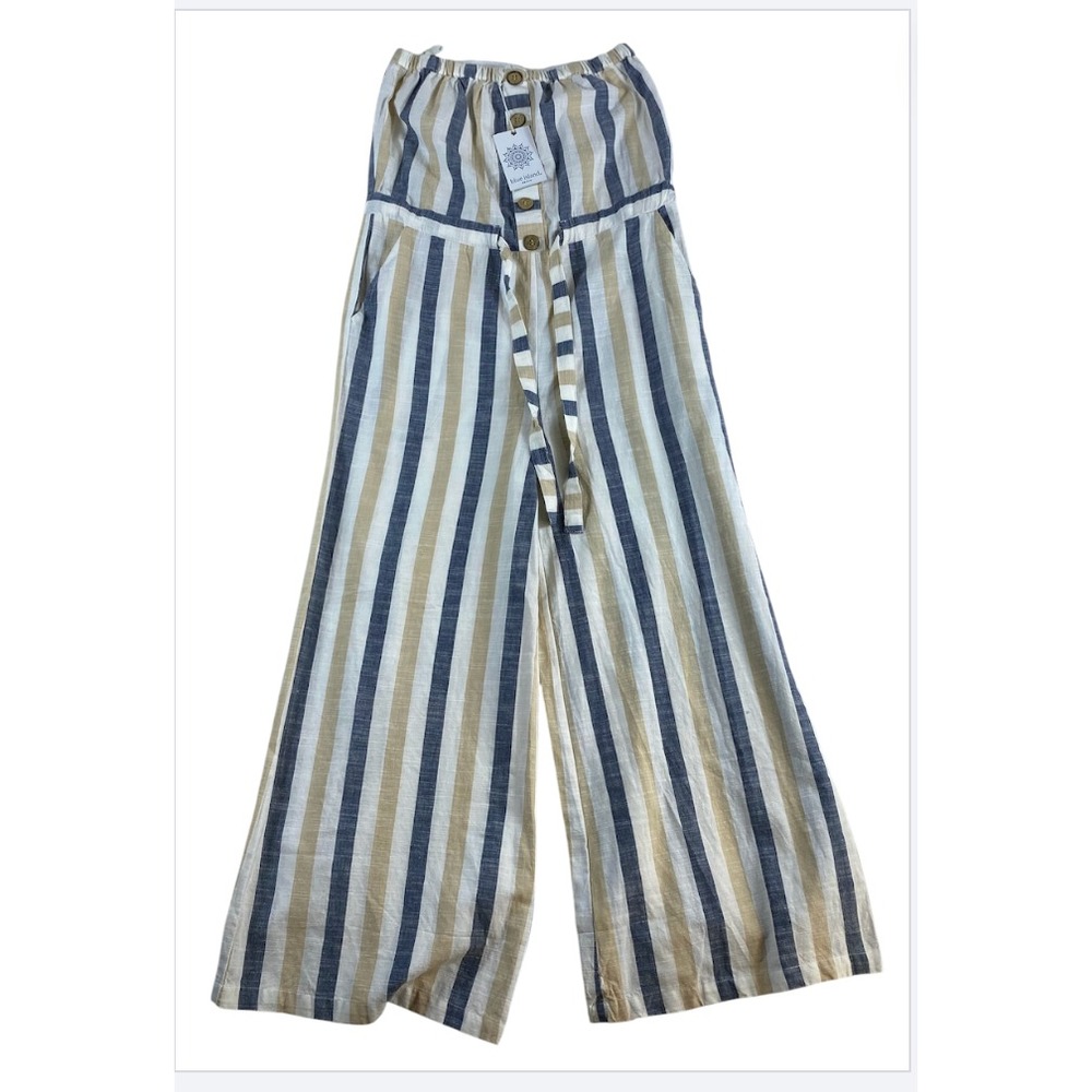 NWT Blue Island Jumpsuit sz S Striped Wide Leg Belted Coastal Sleevess